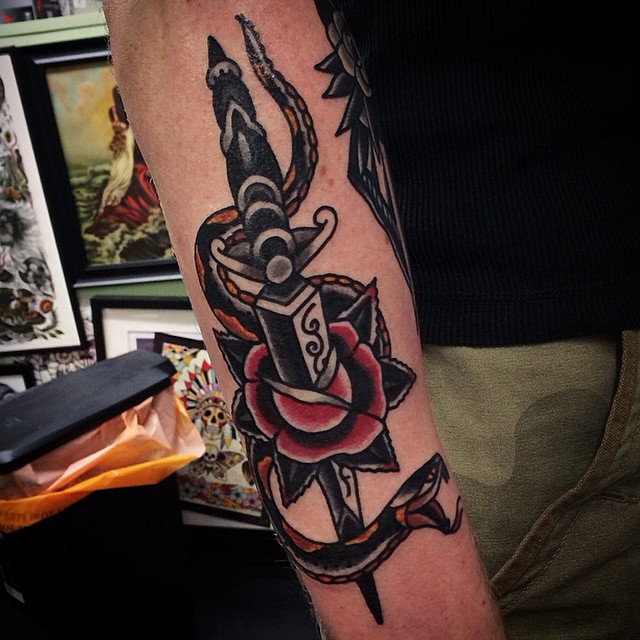 Traditional Dagger In Rose With Snake Tattoo Design For Sleeve