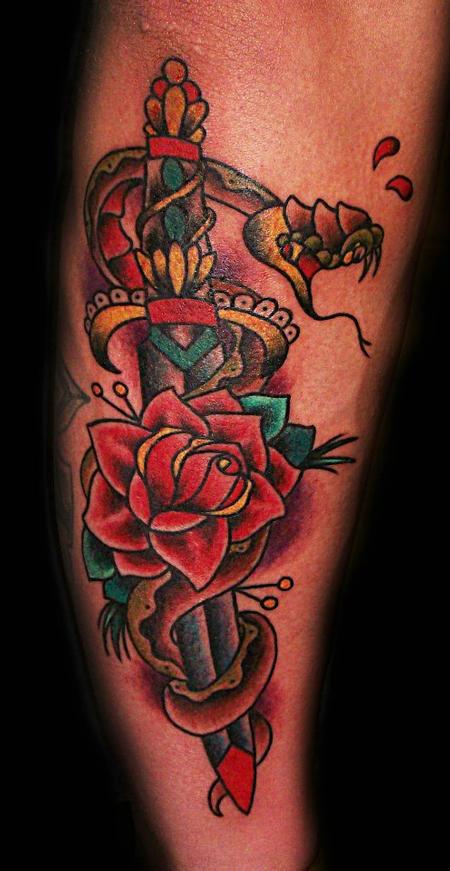 Traditional Dagger With Snake And Rose Tattoo Design For Leg