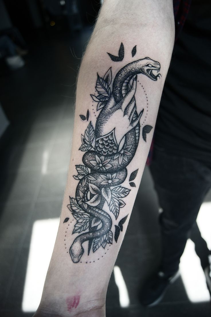 Traditional Dotwork Snake Tattoo On Right Forearm
