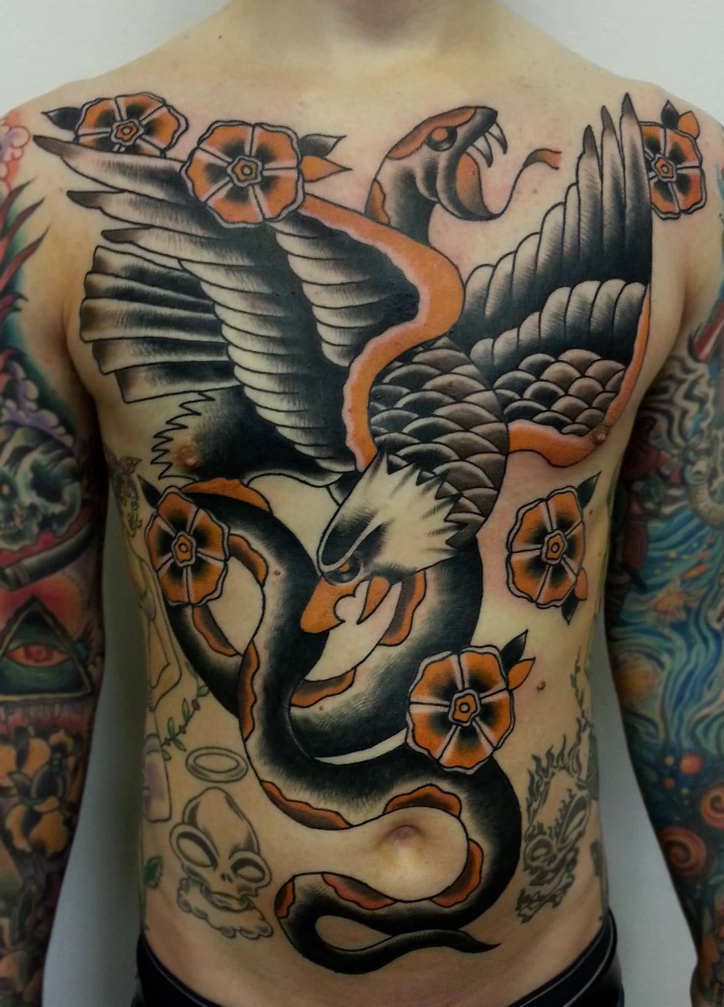 Traditional Eagle With Snake And Flowers Tattoo On Man Full Body