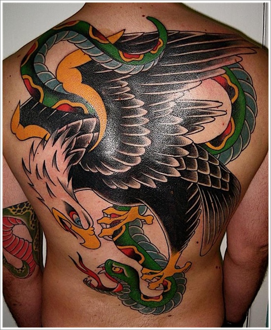 Traditional Eagle With Snake Tattoo On Full Back