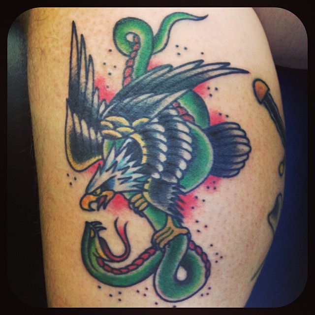 Traditional Eagle With Snake Tattoo On Leg Calf