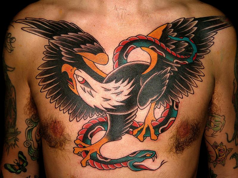 Traditional Eagle With Snake Tattoo On Man Chest