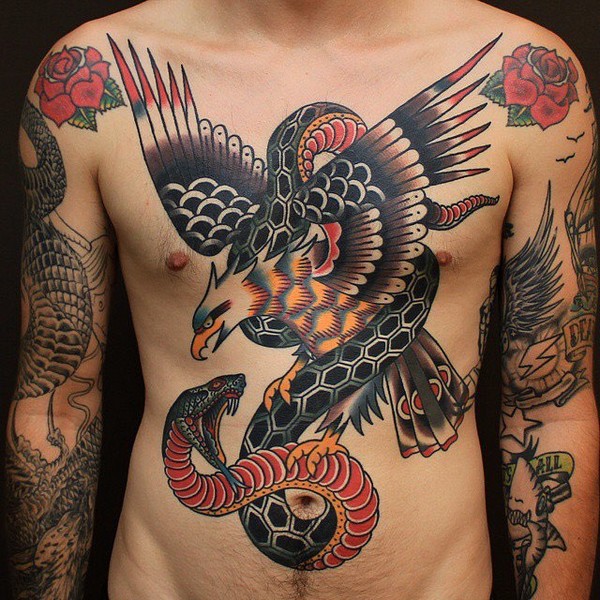 Traditional Eagle With Snake Tattoo On Man Full Body
