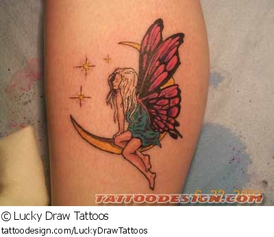 Traditional Fairy On Half Moon With Stars Tattoo Design For Leg Calf