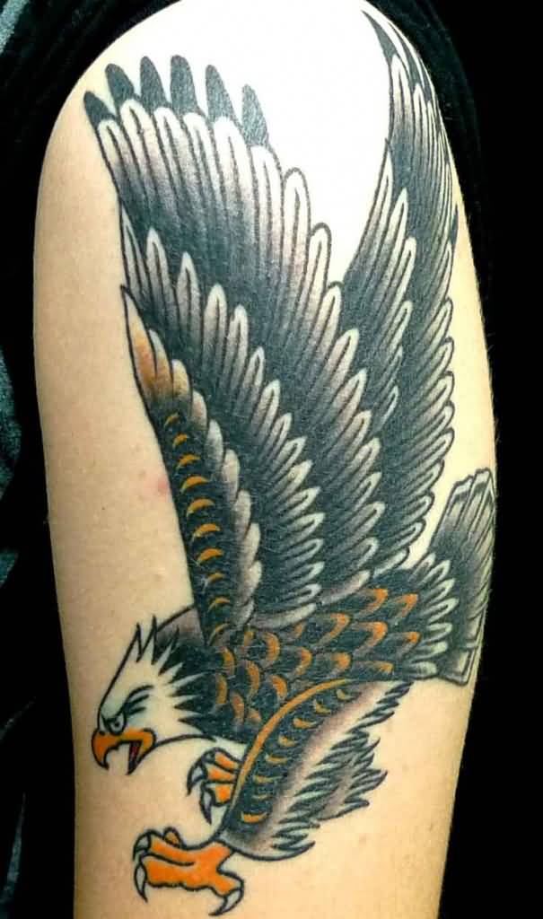 Traditional Flying Eagle Tattoo On Half Sleeve