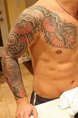 Traditional Japanese Snake Tattoo On Man Right Full Sleeve
