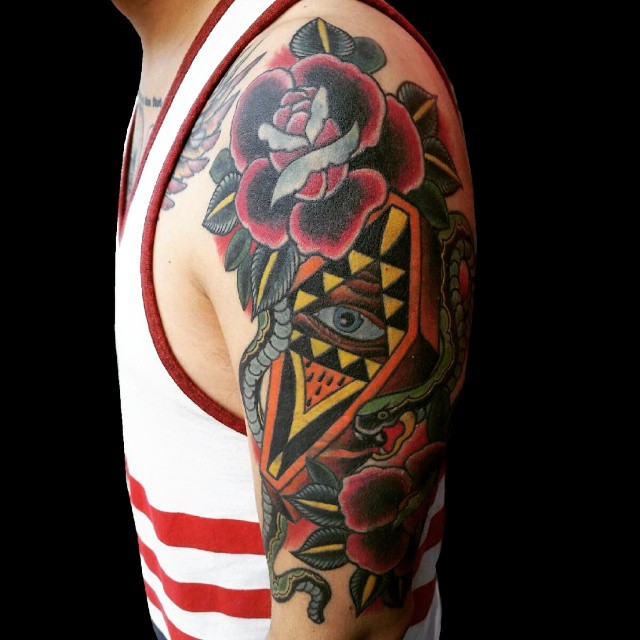 Traditional Japanese Snake With Coffin And Roses Tattoo On Left Half Sleeve