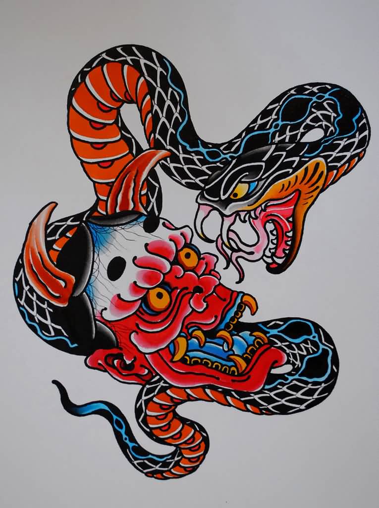Traditional Japanese Snake With Hannya Head Tattoo Design