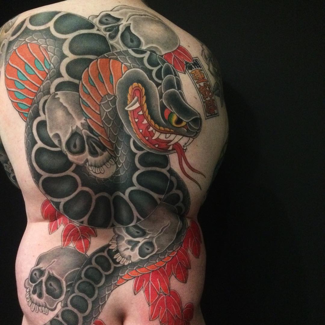 Traditional Japanese Snake With Skull Tattoo On Full Back