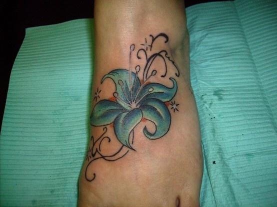 Traditional Lily Flower Tattoo On Left Foot