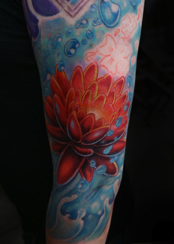 Traditional Lotus Flower In Water Tattoo Design For Sleeve By Kris W