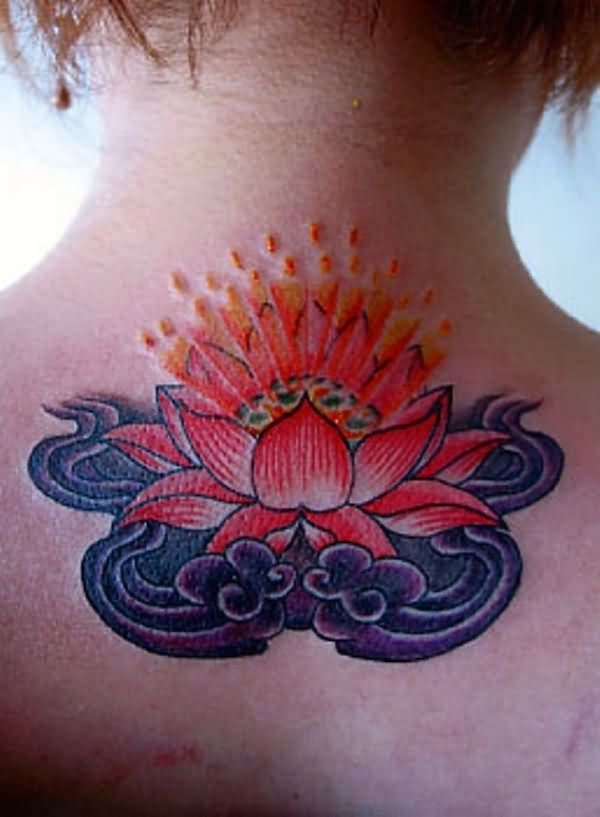 Traditional Lotus Flower In Water Tattoo On Girl Upper Back