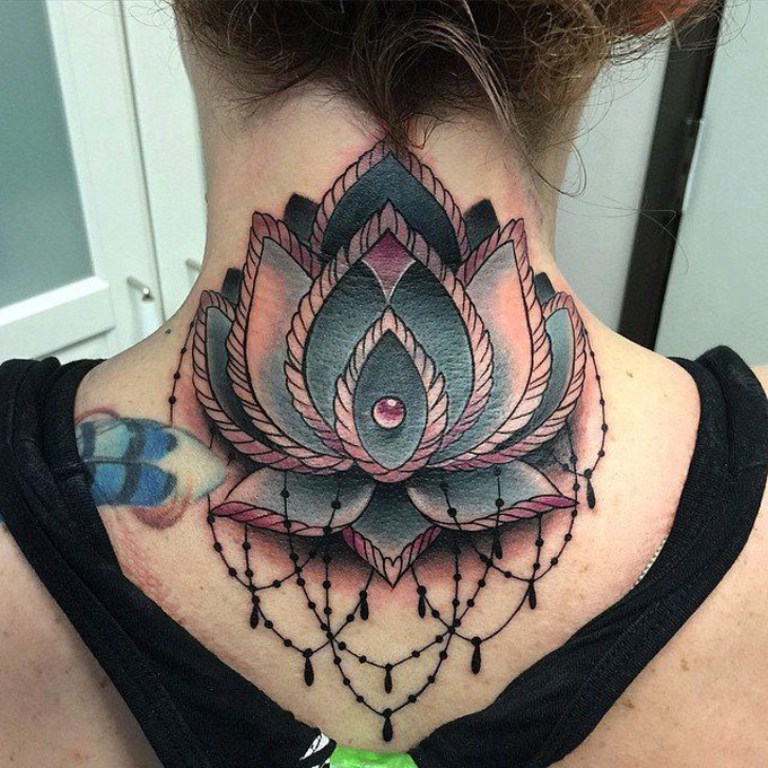Traditional Lotus Flower Tattoo On Girl Back Neck By David Mushaney