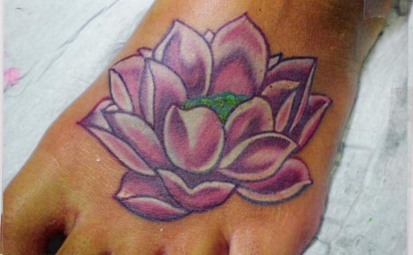 Traditional Lotus Flower Tattoo On Left Foot
