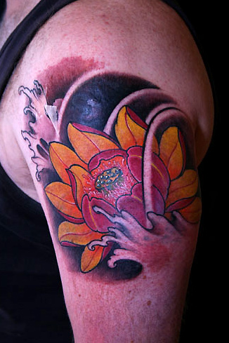 Traditional Lotus Flower Tattoo On Left Shoulder
