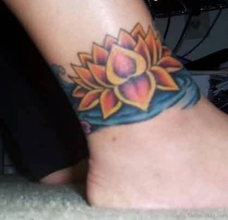 Traditional Lotus Flower Tattoo On Right Ankle