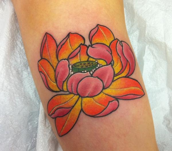 Traditional Lotus Flower Tattoo On Sleeve