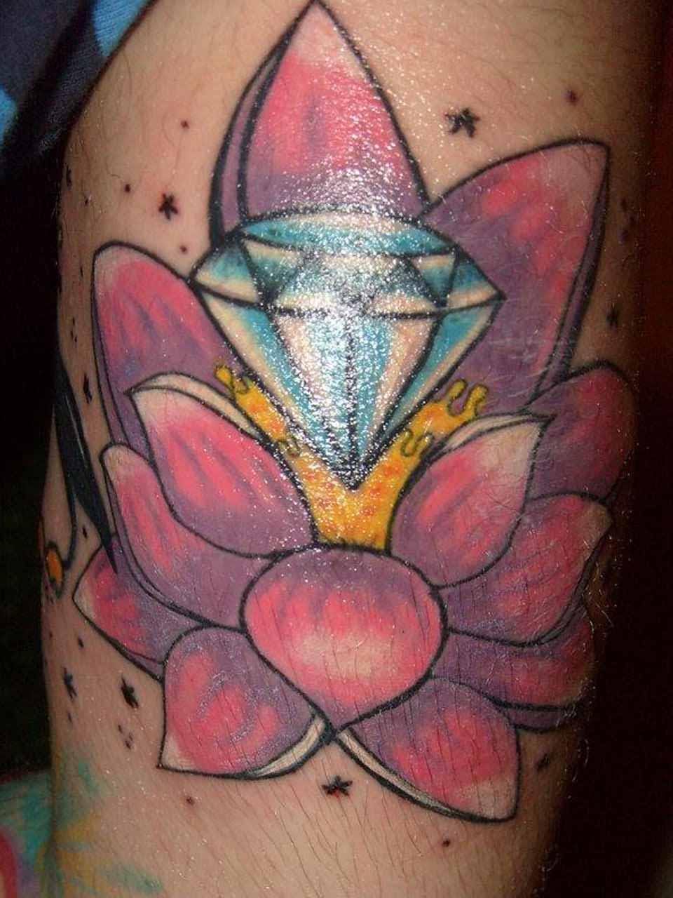 Traditional Lotus Flower With Diamond Tattoo Design For Half Sleeve