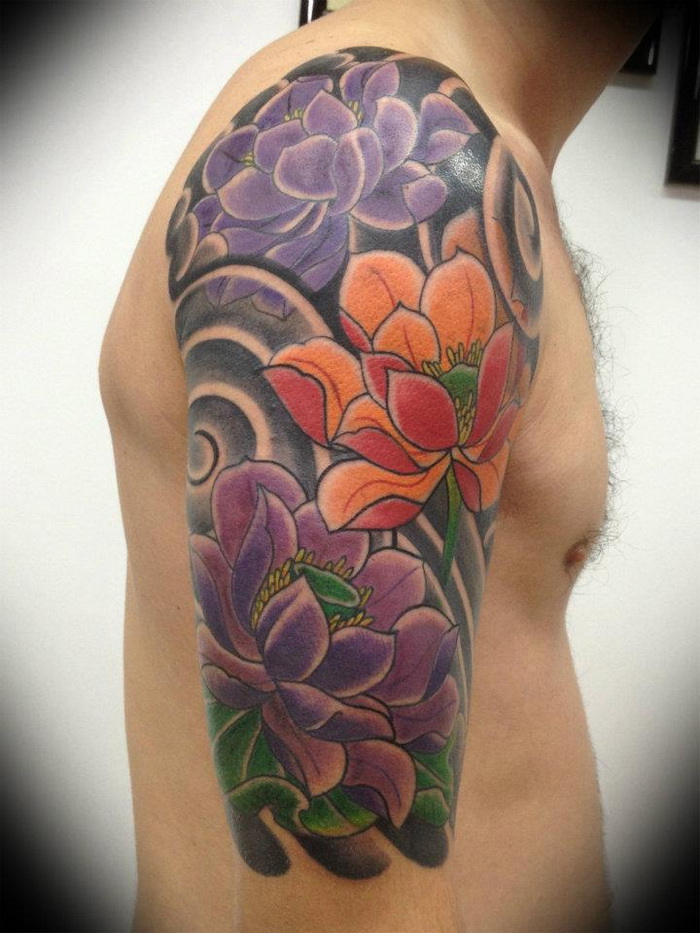 Traditional Lotus Flowers Tattoo On Man Right Half Sleeve
