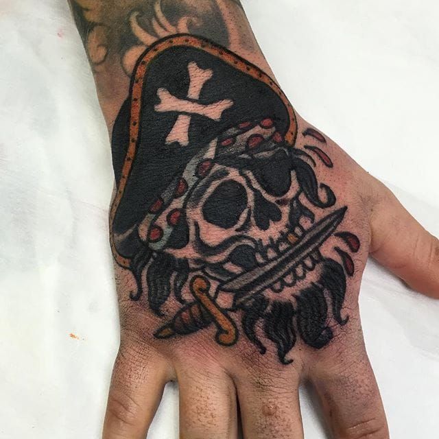 Traditional Pirate Skull Tattoo On Right Hand By Carlin Dacheff