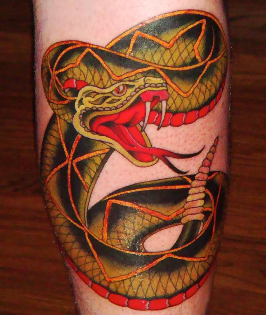 Traditional Rattlesnake Tattoo Design For Leg