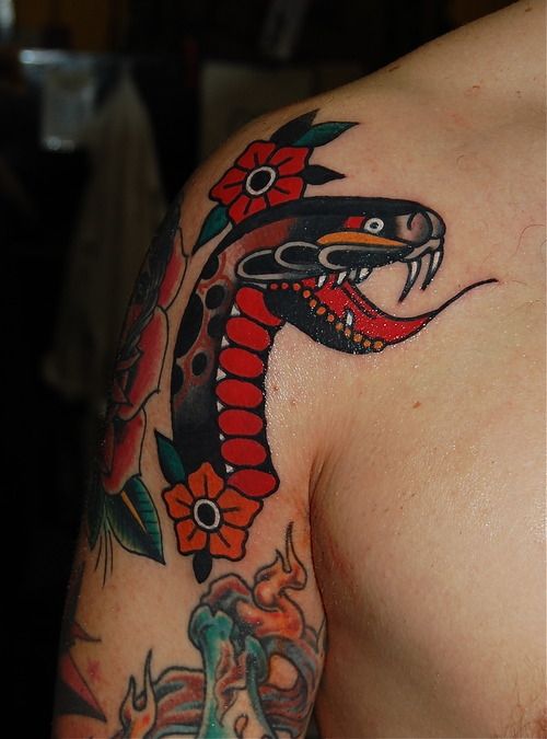 Traditional Snake Head With Flowers Tattoo On Man Right Shoulder
