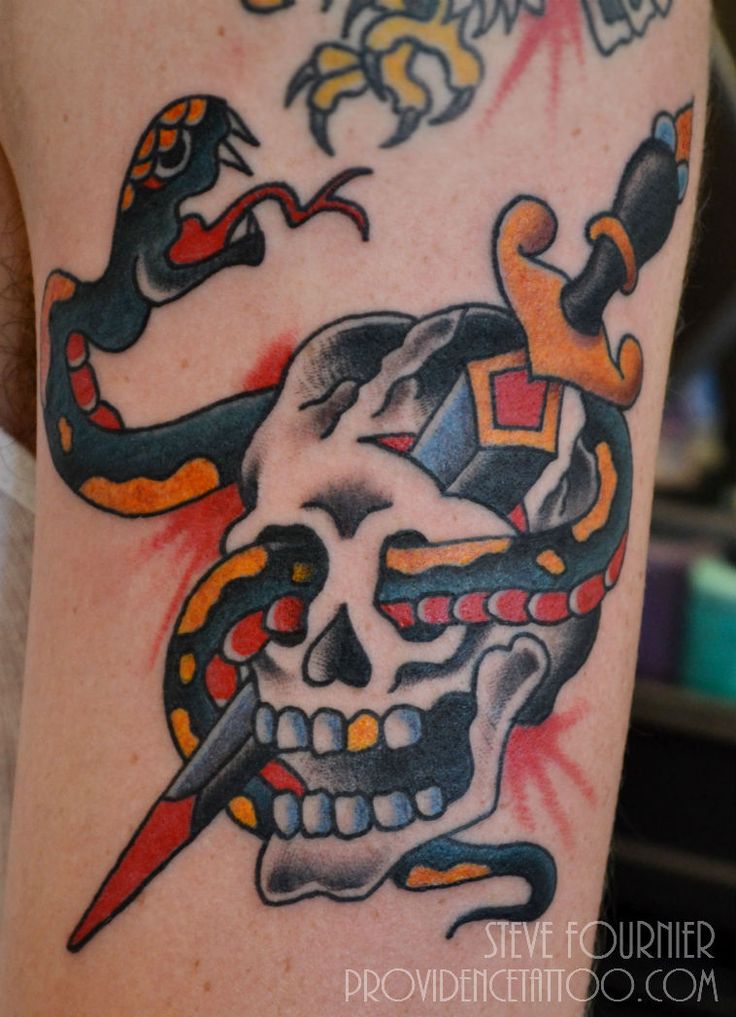 Traditional Snake In Skull Tattoo On Left Shoulder