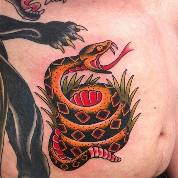 Traditional Snake Tattoo On Man Stomach