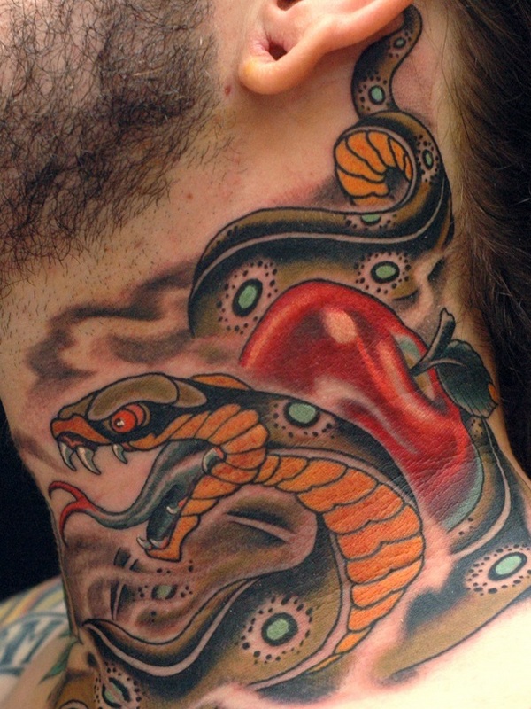 Traditional Snake With Apple Tattoo On Man Side Neck