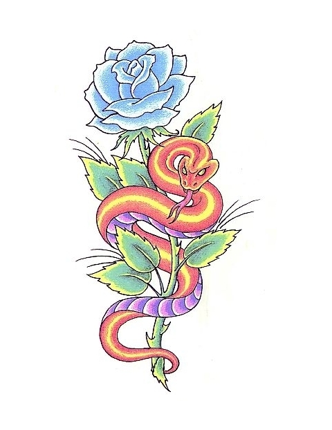 Traditional Snake With Blue Rose Tattoo Design