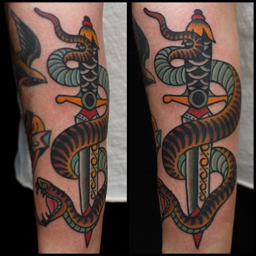 Traditional Snake With Dagger Tattoo Design For Sleeve