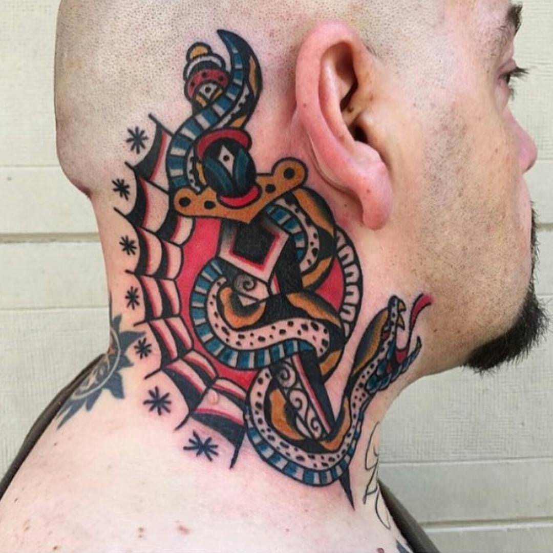 Traditional Snake With Dagger Tattoo On Man Side Neck