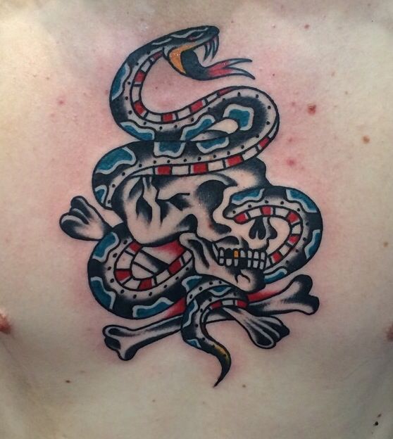 Traditional Snake With Danger Skull Tattoo On Man Chest