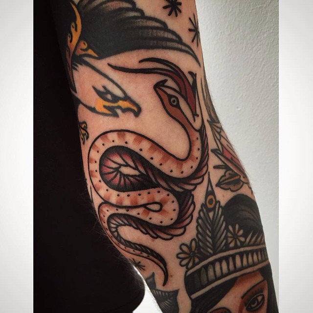 Traditional Snake With Eagle Tattoo Design For Sleeve