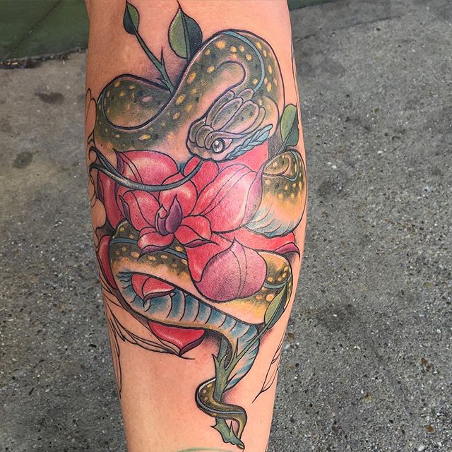 Traditional Snake With Flower Tattoo Design For Leg
