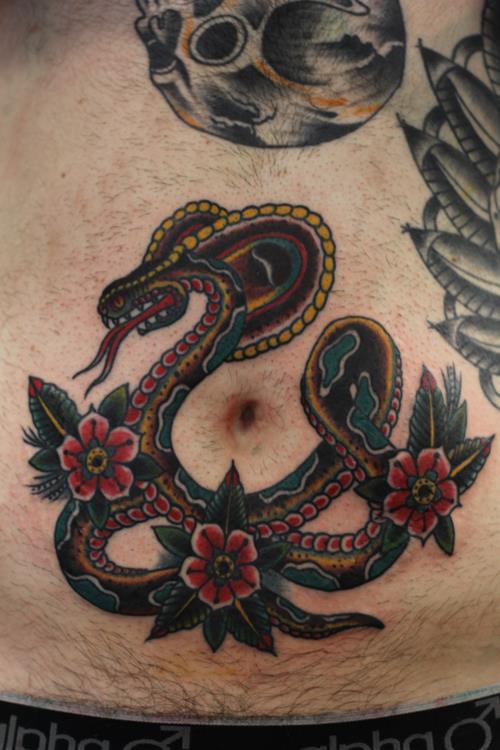 Traditional Snake With Flowers Tattoo Design For Stomach