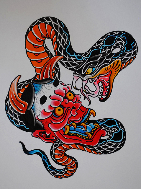 Traditional Snake With Hanya Head Tattoo Design