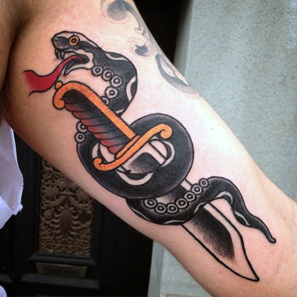 Traditional Snake With Knife Tattoo On Half Sleeve