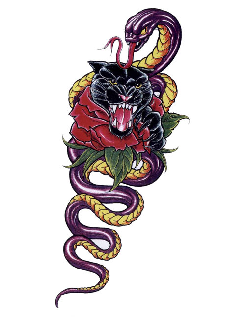 Traditional Snake With Panther And Rose Tattoo Design