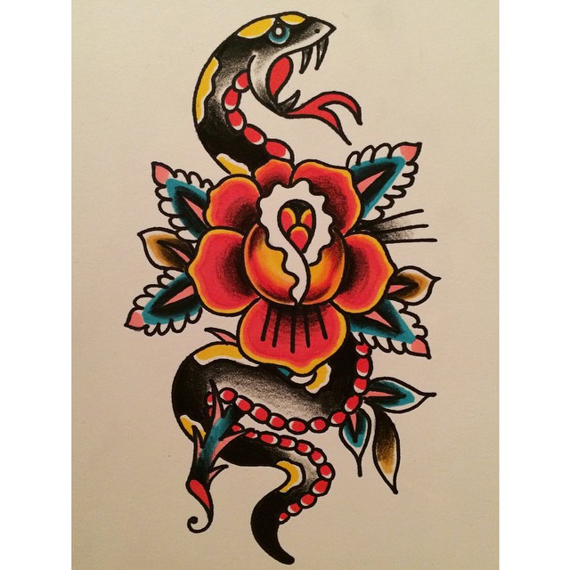 Traditional Snake With Rose Tattoo Design