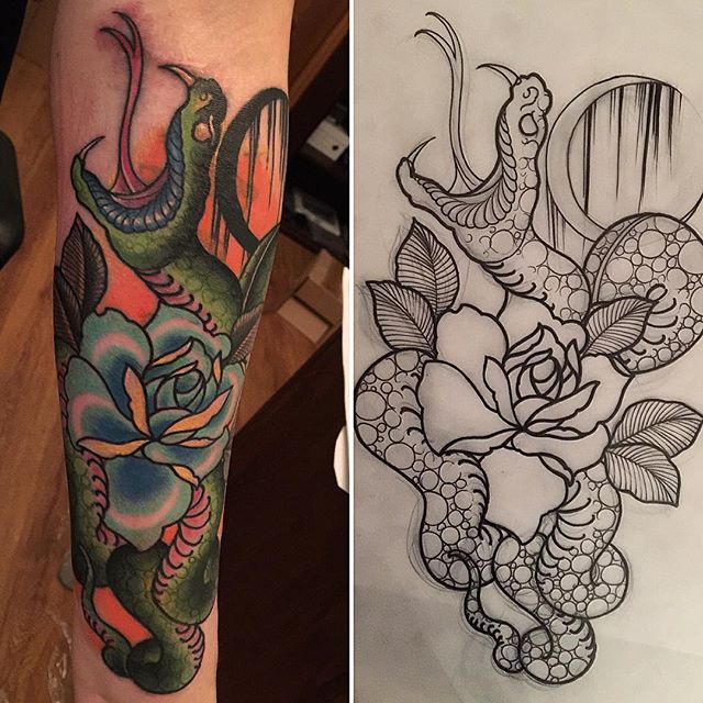 Traditional Snake With Rose Tattoo On Left Forearm