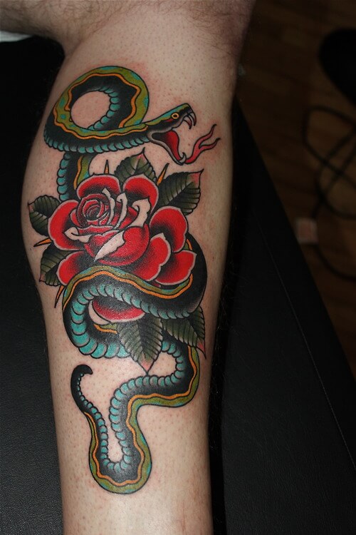 Traditional Snake With Rose Tattoo On Right Leg Calf