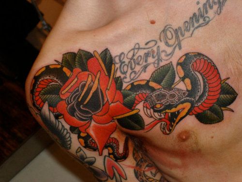 Traditional Snake With Roses Tattoo On Right Front Shoulder
