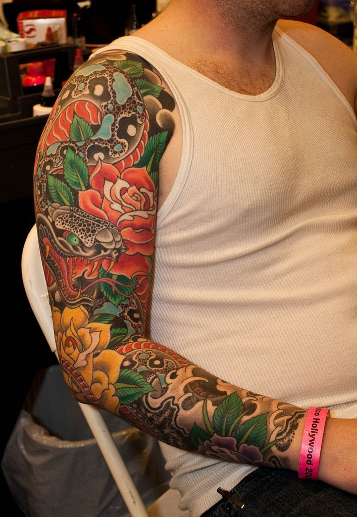 Traditional Snake With Roses Tattoo On Right Full Sleeve