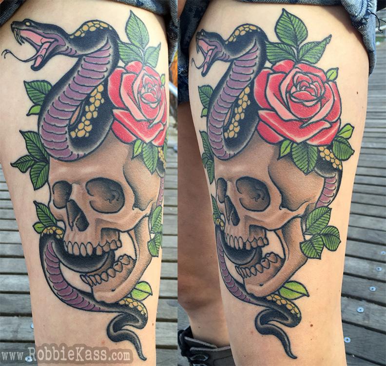 Traditional Snake With Skull And Rose Tattoo On Left Thigh By Robbie Kass
