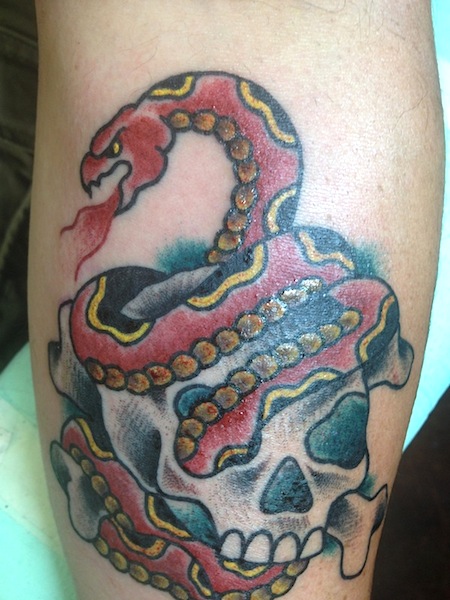 Traditional Snake With Skull Tattoo Design For Leg Calf