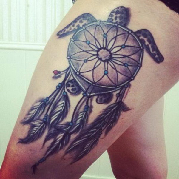 Turtle Dreamcatcher Tattoo On Side Leg