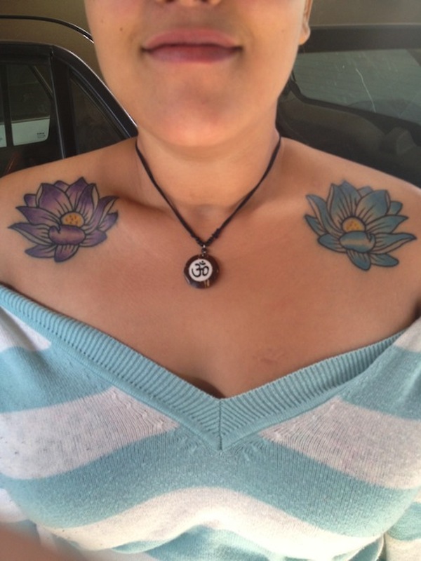 Two Lotus Flowers Tattoo On Girl Both Shoulder