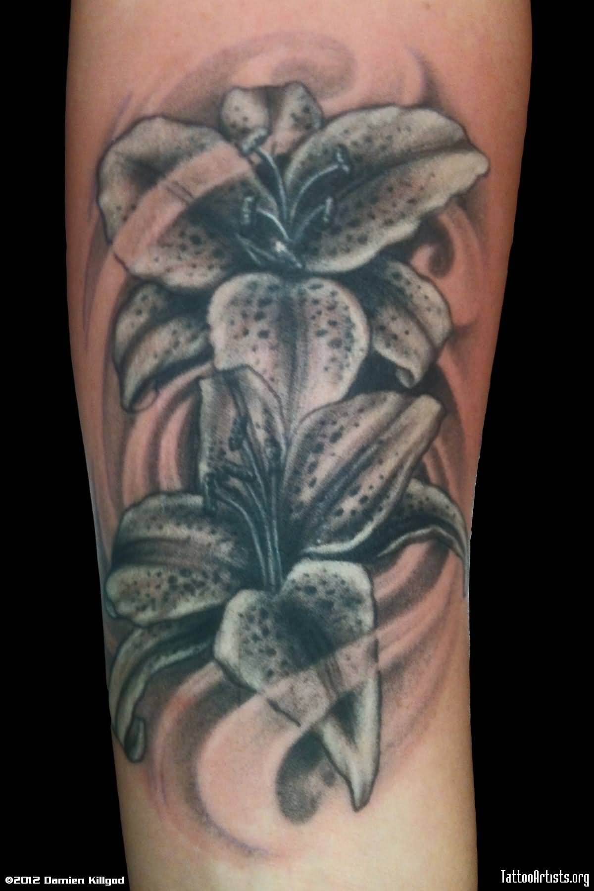 Unique Black And Grey Lily Tattoo On Arm Sleeve